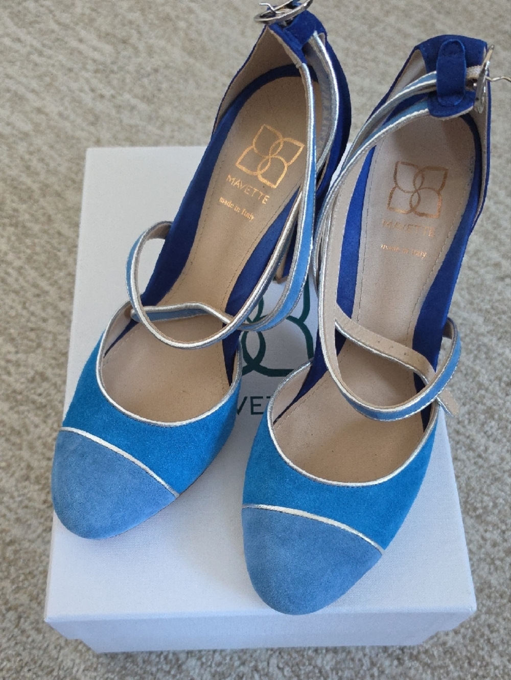 French Style D'Orsay Blue Suede, Silver Trim Ankle-Strap Women's Heels